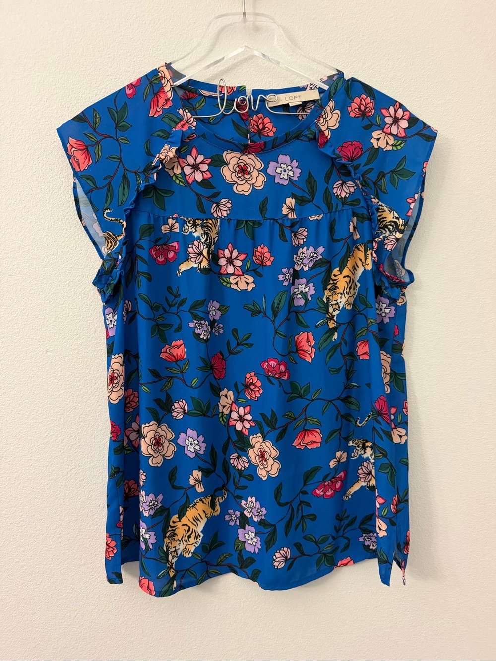 LOFT Blue Floral & Tiger Cap-Sleeve Blouse